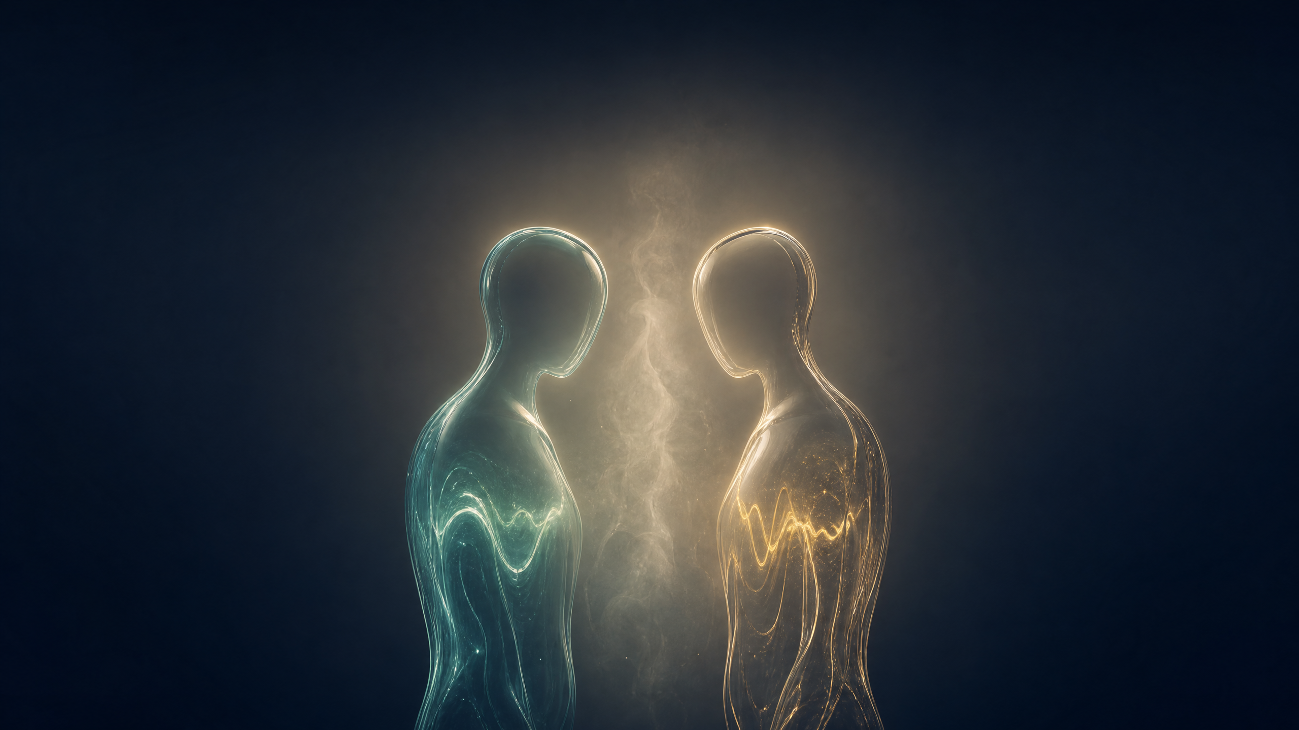 Abstract human forms connected by a shared signal