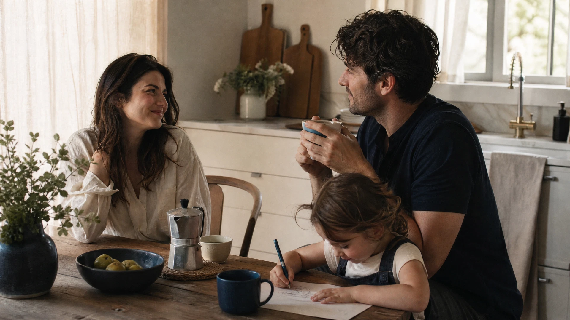 A family sharing a warm morning in the kitchen